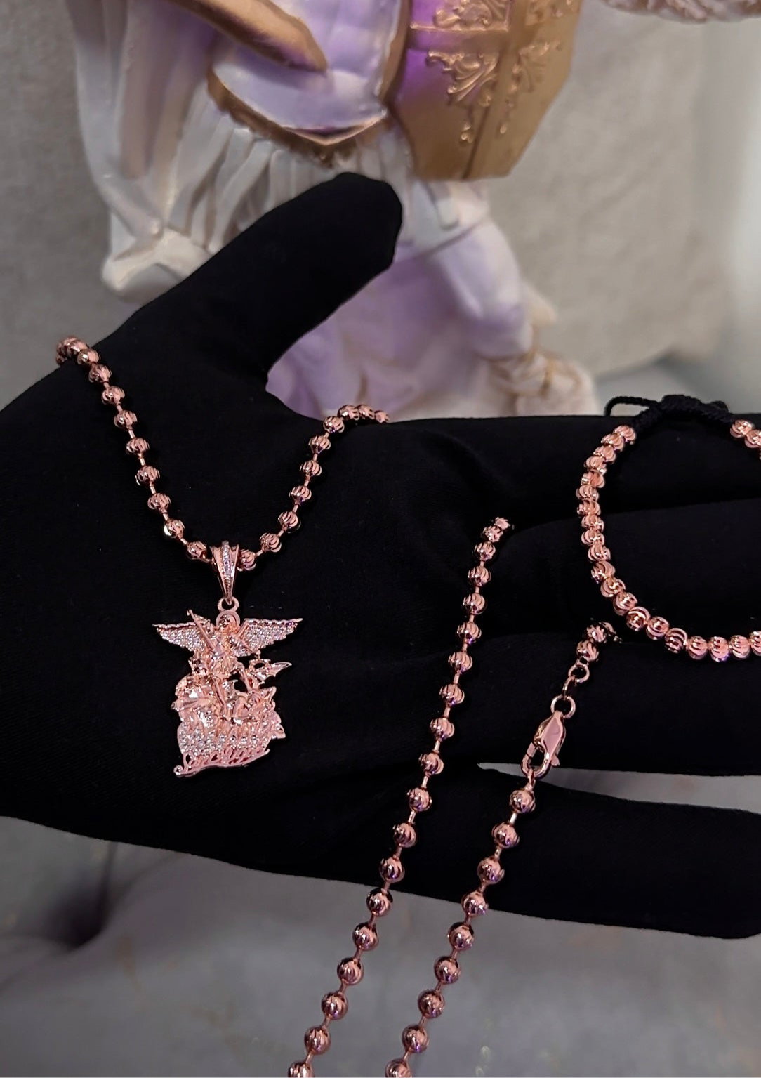 cadena tejido militar diamantado en oro laminado 18K con arcangel san miguel