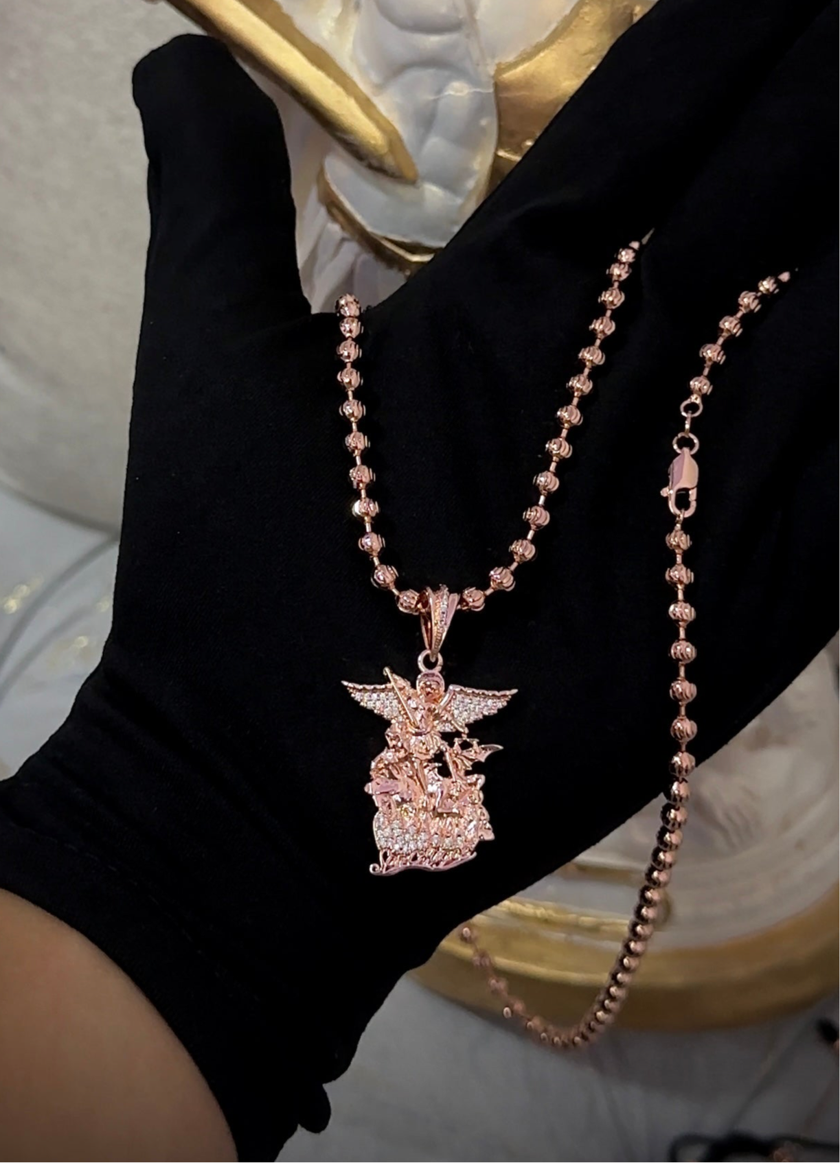 cadena tejido militar diamantado en oro laminado 18K con arcangel san miguel
