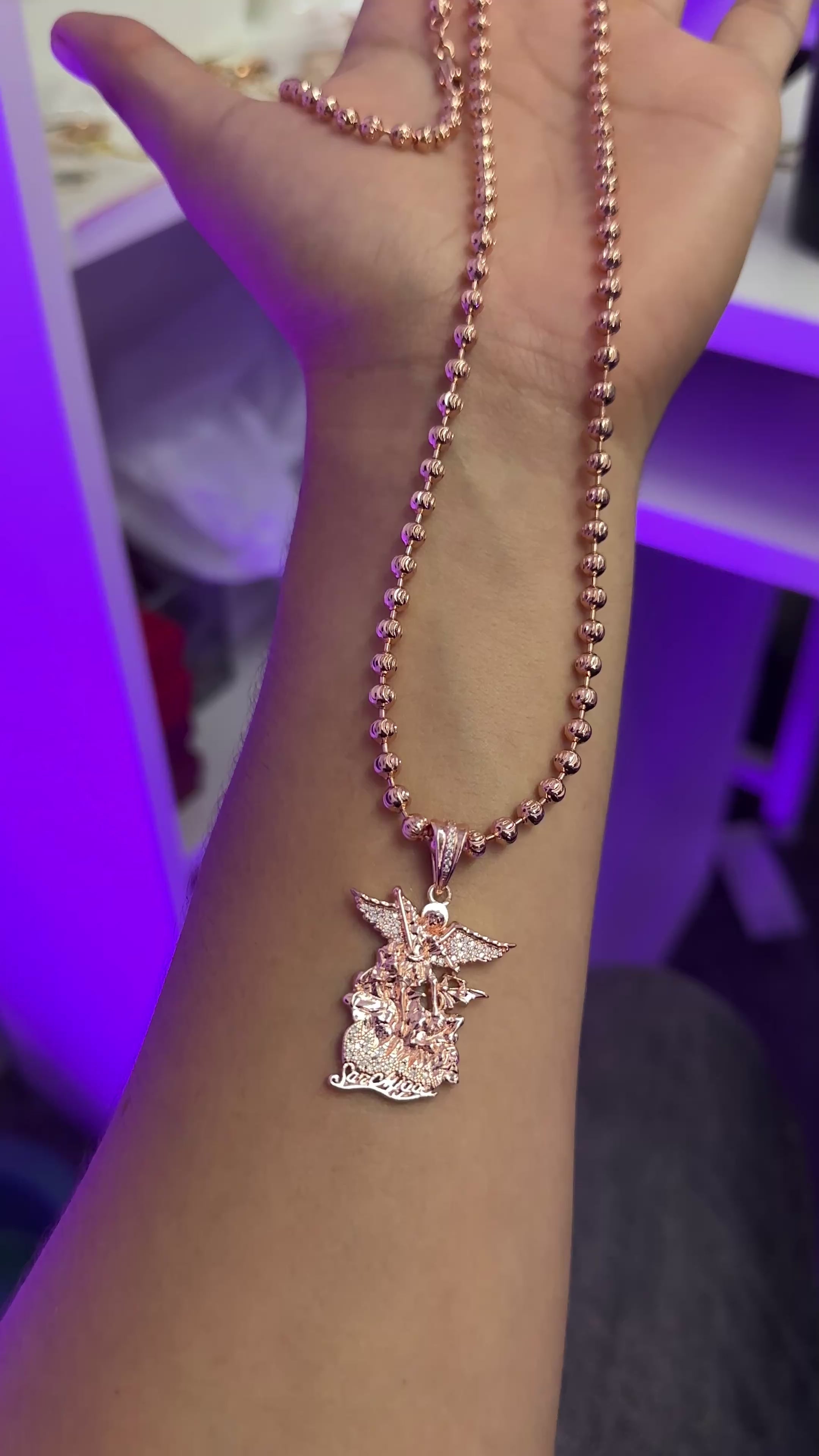 cadena tejido militar diamantado en oro laminado 18K con arcangel san miguel